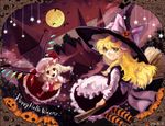  2girls :d apron ascot bad_id bad_pixiv_id bat black_hat black_skirt black_vest blonde_hair bow braid broom broom_riding clock clock_tower commentary_request dated fang flandre_scarlet framed frilled_skirt frills full_moon hair_bow hair_ribbon halloween happy_halloween hat hat_bow horizon jack-o'-lantern kirisame_marisa long_hair long_sleeves looking_at_viewer mob_cap mochacot moon multiple_girls open_mouth puffy_long_sleeves puffy_short_sleeves puffy_sleeves red_eyes red_skirt red_vest ribbon scarlet_devil_mansion short_sleeves side_braid single_braid skirt smile sparkle star striped striped_legwear touhou tower tress_ribbon vest waist_apron white_apron white_bow white_hat wings witch_hat yellow_eyes 