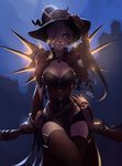  breasts broom broom_riding cleavage hair_over_one_eye hat large_breasts looking_at_viewer mercy_(overwatch) mike_nesbitt night overwatch sidesaddle solo witch_hat witch_mercy 