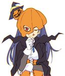  blue_hair cape corset food_themed_hair_ornament gloves hair_ornament halloween_costume hand_on_own_chin hat jack-o'-lantern long_hair looking_at_viewer love_live! love_live!_sunshine!! one_eye_closed pumpkin_hair_ornament pumpkin_mask red_eyes solo tongue tongue_out tsushima_yoshiko upper_body ushiki_yoshitaka white_gloves witch_hat 