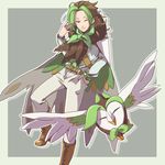 belt boots brown_eyes brown_footwear brown_hair cape dartrix gen_7_pokemon green_hair hand_in_pocket male_focus moemon multicolored_hair one_eye_closed pants personification pokemon pokemon_(creature) s_(happycolor_329) solo standing two-tone_hair white_pants 