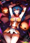  armpits arms_up ass_visible_through_thighs belt black_gloves blue_hair commentary_request cowboy_shot dress erune ferry_(granblue_fantasy) gloves granblue_fantasy halloween halloween_costume jack-o'-lantern long_hair looking_at_viewer loose_belt lying neck_ribbon on_back parted_lips red_eyes red_ribbon ribbon rope saisarisu smile solo 