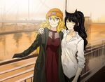  animal_ears beanie black_hair blake_belladonna blonde_hair cat_ears coat dress hat open_clothes open_shirt purple_eyes red_dress rwby shirt yang_xiao_long yaya_(y8ay8a) yellow_eyes 