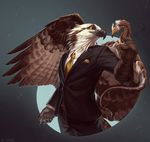  5_fingers anthro avian beak black_beak clothed clothing dragon duo eldredge_knot feathered_dragon feathered_wings feathers hendkerchief lhuneart male necktie pants simple_background smile suit white_feathers wings 