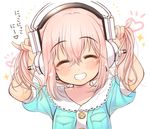  blush bunching_hair closed_eyes commentary_request facing_viewer grin headphones kanjitomiko nico_nico_nii nitroplus pink_hair short_hair smile solo super_sonico teeth translated twintails younger 