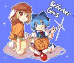  2girls :q :t animal_ears blonde_hair blue_background blue_dress blue_eyes blue_hair bunny_ears bunny_tail carving cirno crop_top crossed_legs dango dress english floppy_ears food glint hat indian_style kapiten70 knife looking_at_another looking_at_viewer mary_janes multiple_girls orange_eyes ringo_(touhou) shoes short_sleeves shorts sitting smile socks striped striped_shorts tail tongue tongue_out touhou v-shaped_eyebrows wagashi white_legwear 