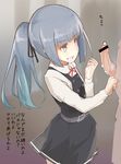  1girl after_fellatio bar_censor belt_buckle brown_eyes buckle censored cum cum_in_mouth dress erection grey_hair hetero kantai_collection kasumi_(kantai_collection) long_sleeves looking_up out_of_frame penis pinafore_dress remodel_(kantai_collection) school_uniform shirt side_ponytail solo_focus standing yamaioni_(sasakama) 