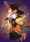  bad_id bad_pixiv_id bat_wings boots broom broom_riding brown_eyes crossdressing earrings garter_straps gloves halloween hat jewelry jojo_no_kimyou_na_bouken kakyouin_noriaki male_focus orange_footwear orange_gloves pkynocardia pointy_ears red_hair shorts smile solo star thighhighs wings witch_hat 