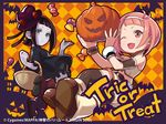  :&lt; ;d asymmetrical_hair bangs bat black_hair blunt_bangs boots candy checkered checkered_background dress engrish food halloween hat jack-o'-lantern mini_hat multiple_girls nina_dragnot official_art one_eye_closed open_mouth pale_skin pink_eyes pink_hair ranguage rita_(shingeki_no_bahamut:_genesis) shingeki_no_bahamut shingeki_no_bahamut:_genesis shingeki_no_bahamut:_virgin_soul short_hair smile stitches trick_or_treat zombie 