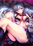  akeyama_kitsune black_legwear black_panties black_skirt blue_eyes blush breasts choker clothes_removed commentary_request kantai_collection kashima_(kantai_collection) kneepits long_hair looking_at_viewer lying medium_breasts on_back open_clothes panties pantyshot pantyshot_(lying) parted_lips pleated_skirt red_ribbon ribbon ribbon_choker silver_hair skirt socks solo two_side_up underwear undressing untied_bra 