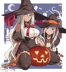  :t bare_shoulders bat between_thighs black_legwear blue_eyes blush bow breast_envy breasts capelet crescent_moon dark_skin ghost gloves hai_ookami halloween hat highres jack-o'-lantern large_breasts long_hair long_sleeves moon multiple_girls original pout seiza shoes siblings silver_hair sisters sitting thighhighs very_long_hair witch_hat zettai_ryouiki 