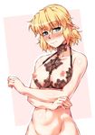  alternate_costume bare_arms bare_shoulders blonde_hair blush bottomless bra breastless_clothes breasts closed_mouth collarbone commentary_request cowboy_shot embarrassed green_eyes groin highres lace looking_at_viewer medium_breasts mizuhashi_parsee navel nipples nose_blush ootsuki_wataru out-of-frame_censoring pointy_ears puffy_nipples revealing_clothes shelf_bra short_hair solo stomach touhou underwear 