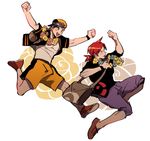  alternate_hairstyle arms_up backwards_hat bag baseball_cap black_hair brown_eyes capri_pants flower gold_(pokemon) hat jumping kendy_(revolocities) lei male_focus messenger_bag multiple_boys older pants poke_ball_theme pokemon pokemon_(game) pokemon_sm ponytail red_hair shoes shorts shoulder_bag silver_(pokemon) simple_background smile sneakers what_if white_background 