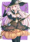  absurdres adjusting_clothes adjusting_hat black_legwear cowboy_shot dress emilia_(re:zero) flower gem hair_ornament halloween halloween_costume hat hat_flower highres long_hair looking_at_viewer navel pantyhose pointy_ears purple_eyes re:zero_kara_hajimeru_isekai_seikatsu see-through silver_hair sketch solo twitter_username witch_hat x_hair_ornament yuzouni 