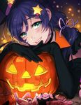  black_gloves candy capelet choker commentary_request dancing_stars_on_me! elbow_gloves elbows_on_table food gloves green_eyes grin hair_ornament hair_ribbon hairpin halloween hat jack-o'-lantern korean_commentary long_hair looking_at_viewer love_live! love_live!_school_idol_project pink_ribbon purple_hair ribbon smile solo star star_hair_ornament tajo05 toujou_nozomi twintails upper_body witch_hat 