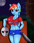  2016 anthro anthrofied big_breasts breasts cleavage clothed clothing dialogue equine female fence friendship_is_magic hair halloween hand_behind_back hi_res hockey_mask holding_object holidays looking_at_viewer machete mammal melee_weapon moon multicolored_hair my_little_pony navel night nipples outside pegasus portrait purple_eyes pussy rainbow_dash_(mlp) rainbow_hair renegade-157 shorts skimpy solo text three-quarter_portrait torn_clothing weapon wings 