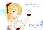  alcohol ayase_eli bad_id bad_pixiv_id blonde_hair blue_eyes blush bracelet breasts character_name cleavage cup drinking_glass hair_ribbon happy_birthday highres holding holding_cup jewelry looking_at_viewer love_live! love_live!_school_idol_project medium_breasts necklace ponytail ribbon smile solo upper_body wine wine_glass yomotsuka_tsukasa 