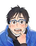  black_hair blush brown_eyes close-up glasses highres katsuki_yuuri male_focus mask_pull open_mouth pulled_by_self shirikawa simple_background solo surgical_mask sweatdrop upper_body white_background yuri!!!_on_ice 