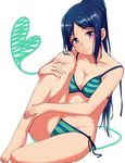  barefoot bikini blue_hair blush breasts cleavage closed_mouth collarbone colored_stripes groin head_tilt heart highres long_hair looking_at_viewer love_live! love_live!_sunshine!! matsuura_kanan medium_breasts nanotsuki ponytail purple_eyes simple_background sitting smile solo striped striped_bikini swimsuit untied untied_bikini very_long_hair wet wet_hair white_background 