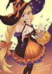  :d bare_shoulders basket bat black_legwear blonde_hair blush braid breasts candy candy_cane cleavage detached_sleeves dress food full_moon guchico gundam gundam_tekketsu_no_orphans halloween halloween_basket hat kudelia_aina_bernstein lollipop long_hair medium_breasts moon open_mouth pantyhose purple_eyes smile solo very_long_hair witch_hat 