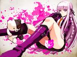  :&lt; ass bangs belt_boots black_gloves blunt_bangs boots braid censored danganronpa danganronpa_1 gloves highres kirigiri_kyouko knee_boots long_hair looking_at_viewer monokuma nirai_kanai novelty_censor purple_eyes purple_hair sidelocks sitting skirt 