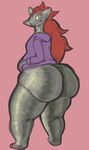  2016 ambiguous_gender anthro big_butt bottomless butt canine clothed clothing fox fur green_eyes grey_fur hair hi_res hoodie huge_butt looking_at_viewer mammal nintendo nokemop pok&eacute;mon red_hair solo thick_thighs video_games zoroark 