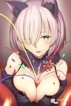  animal_ears between_breasts blush bow breasts cleavage confetti dangerous_beast elbow_gloves fate/grand_order fate_(series) gloves halloween halloween_costume large_breasts looking_at_viewer magicians_(zhkahogigzkh) mash_kyrielight open_mouth party_popper pumpkin purple_eyes purple_hair short_hair solo streamers 