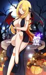  alternate_costume arm_support armlet bare_tree black_dress black_footwear blonde_hair bracelet breasts center_opening collaboration commentary crossed_legs demon_tail demon_wings dress full_moon gen_5_pokemon gen_6_pokemon grin hair_ornament hair_over_one_eye halloween halloween_costume highres jewelry large_breasts litwick long_hair moon nail_polish necklace night night_sky outdoors pokemon pokemon_(creature) pokemon_(game) pokemon_dppt pumpkaboo scott_bennett shirona_(pokemon) shoes sitting sky smile tail tree very_long_hair vivivoovoo wings yellow_eyes 