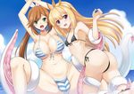  armpits arms_up ass bikini black_bikini blonde_hair blush breasts brown_hair cagliostro_(granblue_fantasy) clarisse_(granblue_fantasy) cleavage cloud cloudy_sky commentary covered_nipples day front-tie_bikini front-tie_top granblue_fantasy green_eyes hair_ribbon hairband imminent_rape large_breasts long_hair multiple_girls navel ocean open_mouth ponytail purple_eyes ribbon side-tie_bikini signature sky small_breasts spread_legs stomach striped striped_bikini swimsuit tears tentacles the-sinner white_ribbon 