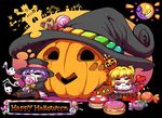  &gt;_&lt; =_= bare_tree bat black_background black_cape black_hat blonde_hair blush_stickers bow brown_footwear candy candy_wrapper cape chibi clock closed_eyes commentary crown eating eyebrows eyebrows_visible_through_hair fangs flandre_scarlet food ghost green_bow hakurei_reimu halloween happy_halloween hat heart jack-o'-lantern kashuu_(b-q) kirisame_marisa lavender_hair lollipop macaron mansion multiple_girls open_mouth puddle remilia_scarlet shoes short_hair side_ponytail silhouette sitting smile spider_web_print sun swirl_lollipop tombstone tongue tongue_out top_hat touhou tree wings witch_hat 