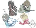  adjusting_clothes adjusting_gloves akechi_gorou bad_id bad_pixiv_id brown_hair character_sheet closed_eyes gloves gt_(geta) gun male_focus multiple_views necktie persona persona_5 red_eyes sick sketch thermometer weapon 