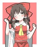  ;) ascot bare_shoulders blush bow breasts brown_eyes brown_hair clenched_hand closed_mouth dancing detached_sleeves hair_bow hair_tubes hakurei_reimu head_tilt highres kz_oji large_bow long_hair looking_at_viewer medium_breasts one_eye_closed ribbon-trimmed_sleeves ribbon_trim skirt skirt_set smile solo touhou undershirt vest 