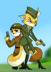  anthro black_nose boots brown_eyes brown_fur canine clothing duo eyebrows eyelashes eyewear female footwear fox fur geumsaegi glasses grass gun hat lt._fox_vixen makeup mammal military_uniform multicolored_fur orange_fur ranged_weapon rodent smile squirrel squirrel_and_hedgehog trying2fanfiction two_tone_fur uniform weapon white_fur 여우장교 