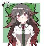  :o ? black_hair blush bow breast_squeeze breasts commentary confused gradient_hair hair_bow head_tilt highres kz_oji large_bow long_hair looking_at_viewer medium_breasts multicolored_hair red_eyes red_hair reiuji_utsuho solo touhou unyu upper_body v_arms 