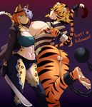  anthro ball_on_chain better_version_at_source blonde_hair chain clothed clothing cosplay duo feline fur green_eyes hair inner_ear_fluff machete mammal mask melee_weapon nipples orange_fur orange_hair pose prison_outfit safurantora skimpy smile stripes tiger torn_clothing weapon 
