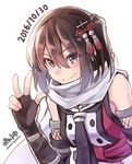  &gt;:) 2016 artist_name bangs brown_eyes brown_hair commentary dated double-breasted elbow_gloves fingerless_gloves gloves hair_between_eyes hair_ornament kantai_collection looking_at_viewer morigami_(morigami_no_yashiro) necktie remodel_(kantai_collection) scarf sendai_(kantai_collection) smile solo twitter_username two_side_up upper_body v-shaped_eyebrows w white_background white_scarf 