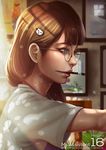  2015 2016 arm_up art_brush artist_name bad_id bad_pixiv_id blue_eyes brown_hair cat_hair_ornament copyright_name day eyelashes from_side glasses hair_behind_ear hair_ornament indoors lips long_hair looking_to_the_side magion02 mouth_hold ms.assistant nose original paintbrush painting painting_(object) profile round_eyewear shirt short_sleeves smock solo sunlight upper_body white_shirt 