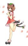  animal animal_ears bell bobby_socks brown_hair cat_ears cat_tail chen earrings fish full_body hat homura_subaru jewelry looking_back mary_janes mouth_hold multiple_tails paw_pose paw_print ribbon shoes short_hair simple_background socks solo standing standing_on_one_leg tail tail_bell tail_ribbon touhou 