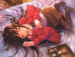  black_hair black_legwear blanket camisole cardigan cherry_blossoms closed_eyes feet food goto_p hanami hands lace long_hair long_sleeves lying no_shoes obentou original outdoors pantyhose petals shoes_removed skirt sleeping smile solo 