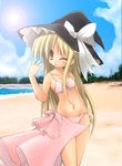  beach bikini black_hat blonde_hair day hat kirisame_marisa nikubanare outdoors pink_bikini pink_sarong sarong solo swimsuit touhou witch_hat yellow_eyes 