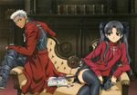  1girl absurdres archer black_hair black_legwear bow crossed_legs dagger dark_skin dark_skinned_male detexted fate/stay_night fate/unlimited_blade_works fate_(series) green_eyes hair_bow highres kawamura_takayasu long_hair long_legs non-web_source short_hair silver_hair sitting thighhighs third-party_edit toosaka_rin two_side_up very_long_hair weapon zettai_ryouiki 