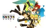  3girls aqua_eyes aqua_hair blonde_hair blue_hair blush brown_eyes brown_hair detached_sleeves glider_(artist) hair_ornament hair_ribbon hairclip hatsune_miku headphones kagamine_len kagamine_rin kaito long_hair meiko midriff multiple_boys multiple_girls necktie paint ribbon short_hair shorts siblings skirt smile sweat twins twintails vocaloid wallpaper 