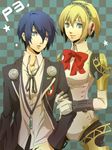  1girl aegis_(persona) android bad_id bad_pixiv_id blonde_hair blue_eyes blue_hair bow checkered checkered_background couple digital_media_player earphones earphones_removed headband hetero highres persona persona_3 ribbon school_uniform senano-yu short_hair smile yuuki_makoto 