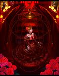  beatrice blonde_hair blood blue_eyes bow cage chain dress eva_beatrice fisheye flower frame frills furudo_erika highres lain painting_(object) pantyhose pink_bow portrait_(object) red rose solo umineko_no_naku_koro_ni 