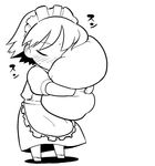  chibi closed_eyes futaba_channel greyscale hinemosu_notari maid monochrome nemui nijiura_maids pillow pillow_hug solo standing 