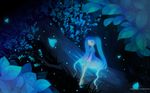  blue blue_eyes blue_hair dress glowing hair_over_one_eye hatsune_miku highres in_tree leaf long_hair mikumix night petals puti_devil sitting sitting_in_tree solo tree twintails vocaloid wallpaper watermark 