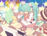  aqua_eyes aqua_hair cake cameo candy candy_apple checkered computer cream_puff food garters hatsune_miku kaito lollipop long_hair lots_of_laugh_(vocaloid) nayu pastry popsicle solo star stuffed_animal stuffed_toy swirl_lollipop teddy_bear twintails very_long_hair vocaloid 