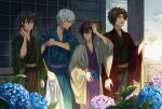  4boys after_rain architecture black_hair east_asian_architecture flower gintama hand_on_own_neck haori hydrangea japanese_clothes katsura_kotarou kimono male_focus multiple_boys sakamoto_tatsuma sakata_gintoki shelter short_hair takasugi_shinsuke wet wet_clothes white_hair zerocastle 