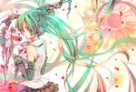  aqua_eyes aqua_hair bad_id bad_pixiv_id detached_sleeves flower hair_ribbon hatsune_miku headphones long_hair microphone necktie petals ribbon skirt solo twintails very_long_hair vocaloid zanunoneko 