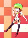  ascot bad_id bad_pixiv_id bakemonogatari black_legwear black_panties boxcutter garter_belt gradient_hair green_hair kazami_yuuka monogatari_(series) multicolored_hair no_pants panties parody plaid plaid_vest red_eyes sakurai_energy short_hair smirk solo thighhighs touhou underwear unmoving_pattern vest 