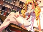  1girl 800x600 arm_support ass bangs blonde_hair book bookshelf breasts classroom cleavage corset crossed_legs desk dress drill_hair dutch_angle game_cg hair_ribbon hand_on_thigh hat head_tilt indoors ino large_breasts legs legs_crossed long_hair looking_at_viewer nurse nurse_cap oshioki_sweetie pink_eyes pleated_skirt ribbon shinmeiji_rinn short_dress sitting skirt smile solo thigh_highs thighhighs twin_drills white_legwear 